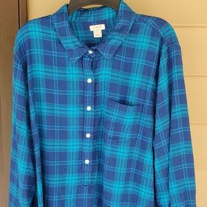 JCREW Size xl blue plaid half button up shirt
